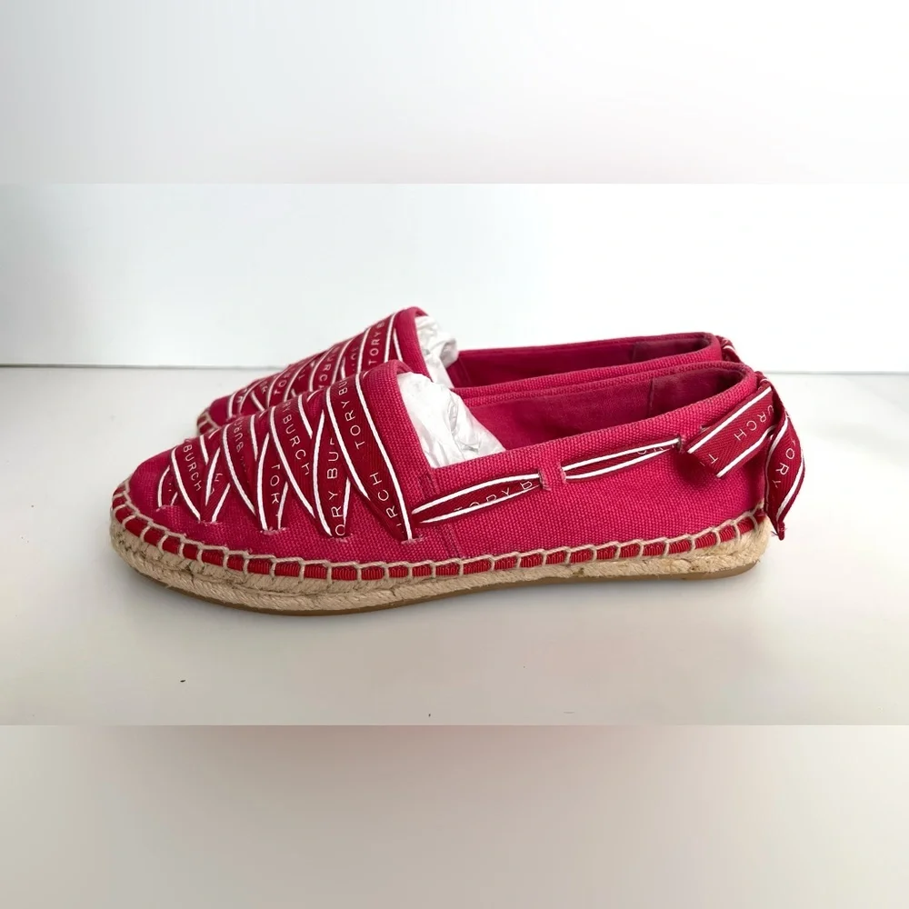 Tory Burch Grosgrains Crisscross Logo Ribbon Espadrilles Flats Red Size 5.5